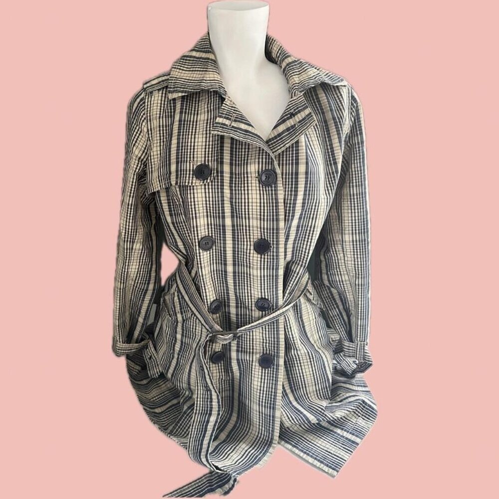 Vintage Jacob Plaid Trench Coat – Navy Check Belted Jacket Size M